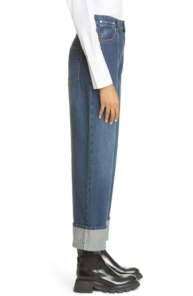 McQueen Alexander McQueen High Waist Cuffed Denim Pants, Alternate, color, 