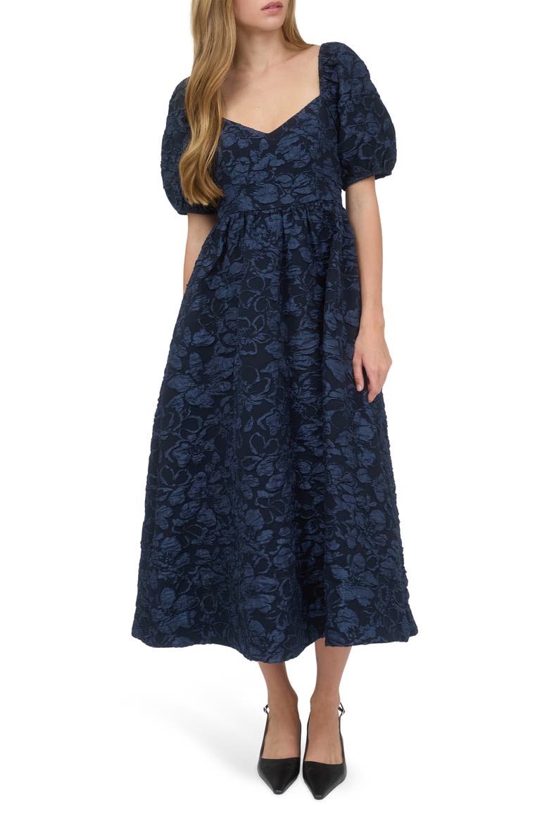 Sweetheart Puff Sleeve Midi Dress, Alternate, color, NAVY
