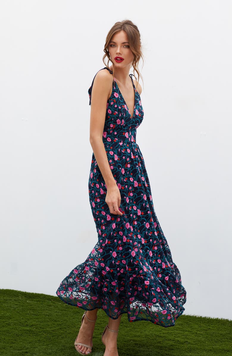 Dress the Population Sunny Embroidered Floral Tie Shoulder Gown, Alternate, color, 