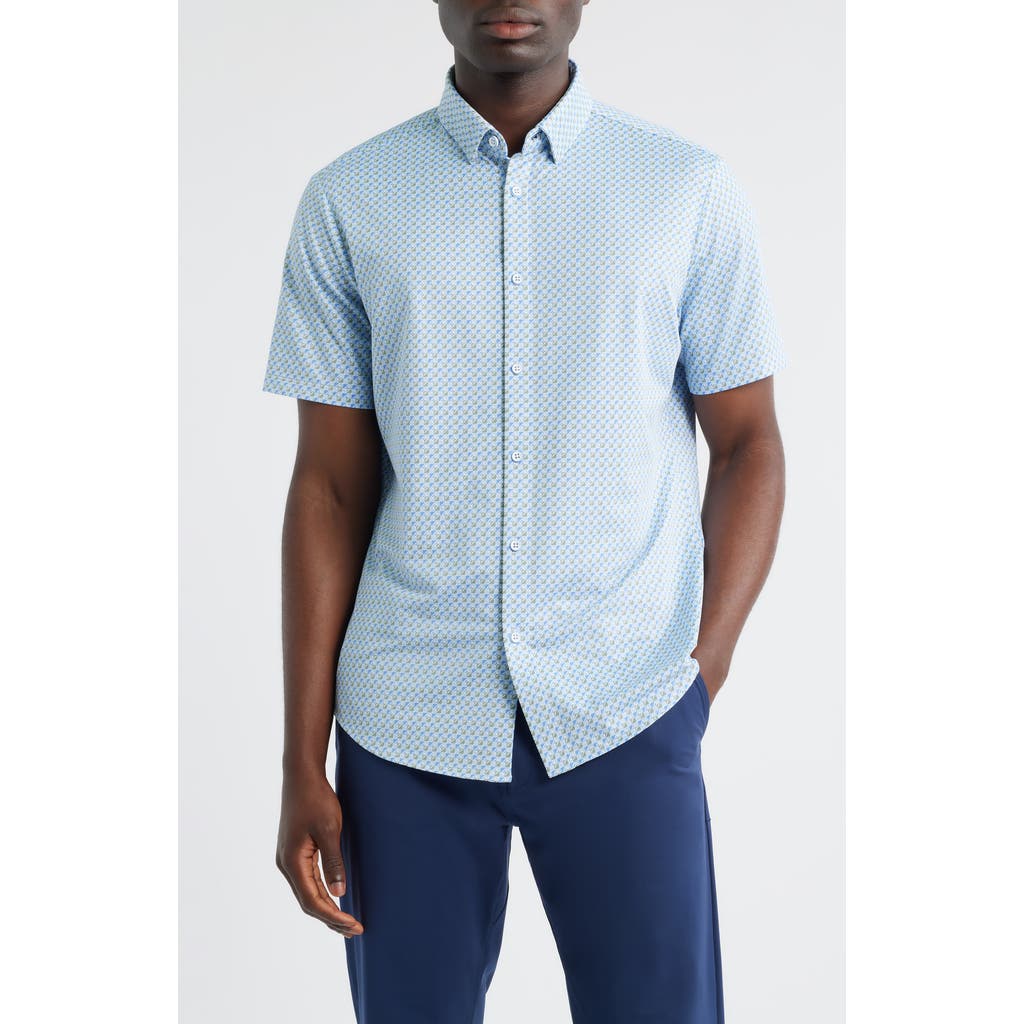Mizzen+Main Halyard Trim Fit Geo Print Short Sleeve Button-Up Shirt in Chambray Pinwheel Tile  product
