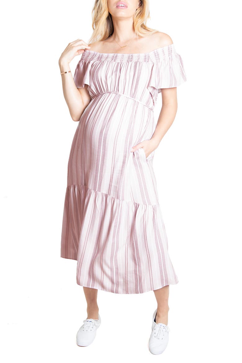 Ingrid & Isabel® Flutter Sleeve Maternity Midi Dress, Main, color, PINK MULTI STRIPE