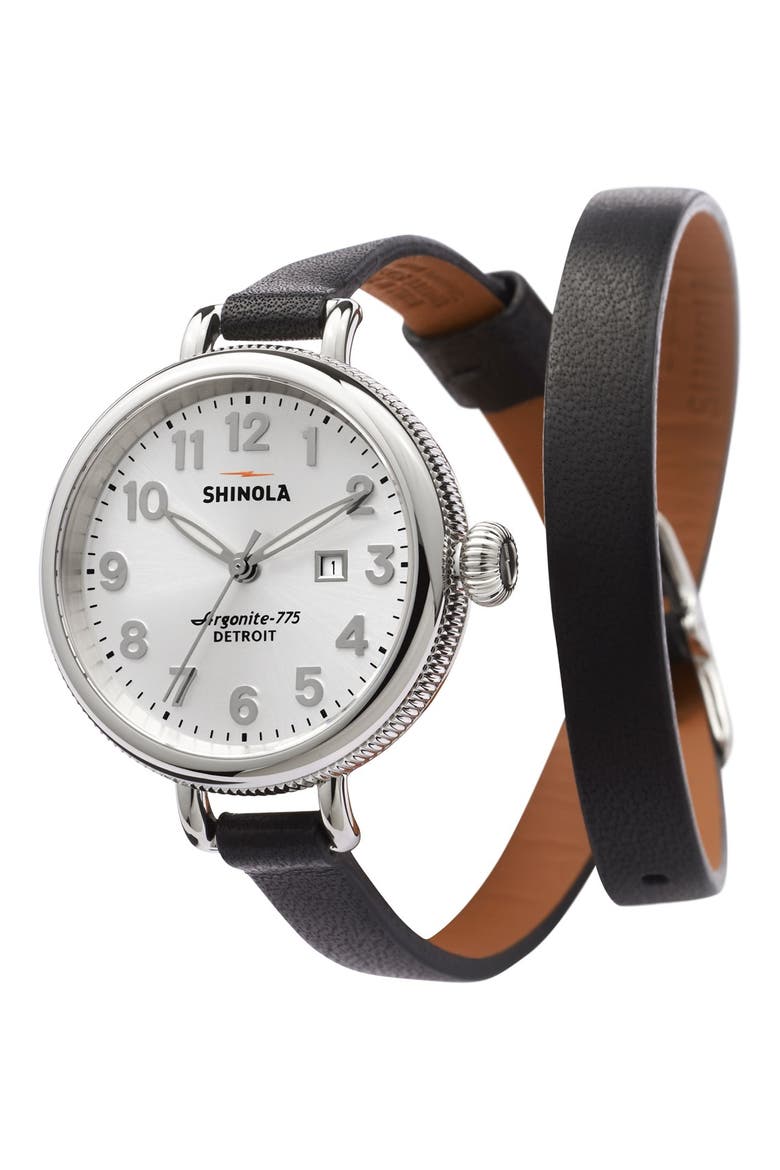 'The Birdy' Double Wrap Leather Strap Watch, 34mm, Alternate, color, SILVER