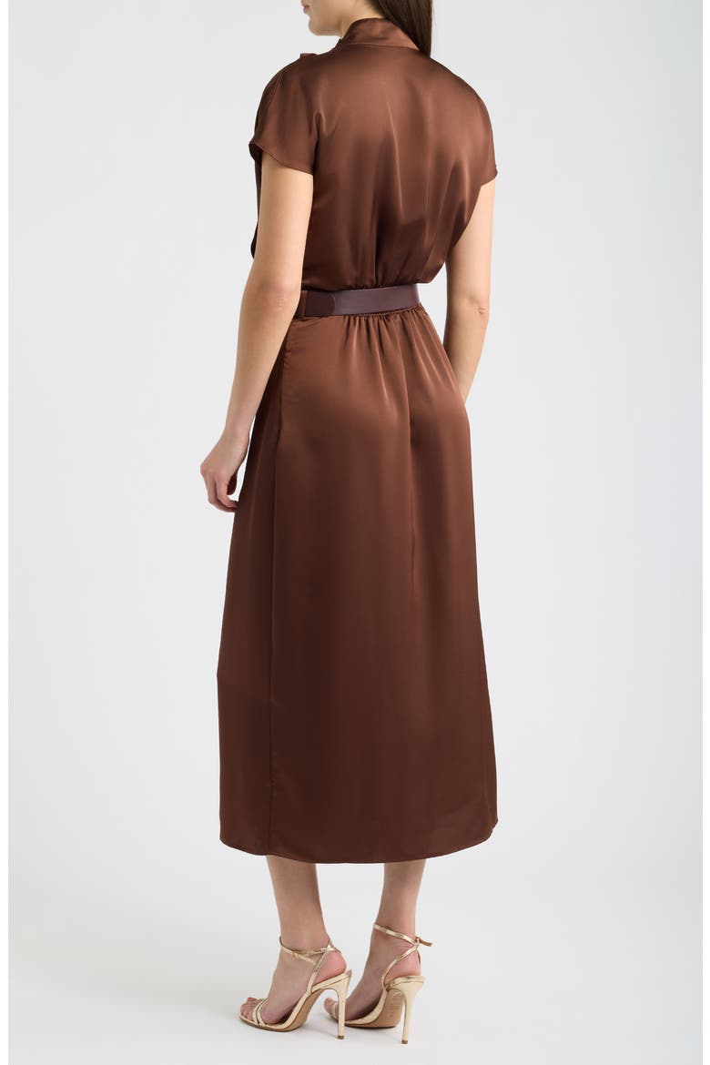 Belted Mock Neck Satin Midi Dress, Alternate, color, BROWN