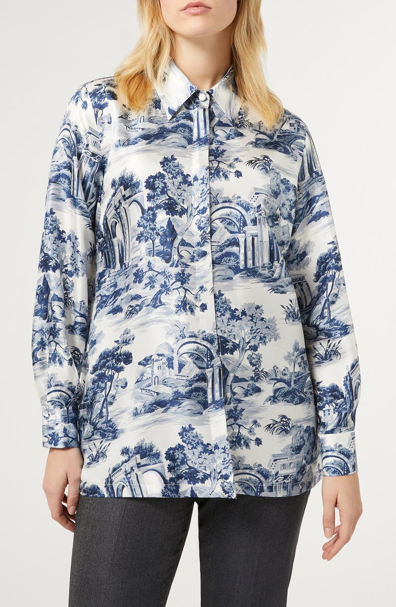Marina Rinaldi Nespola Toile Silk Button-Up Shirt, Main, color, 