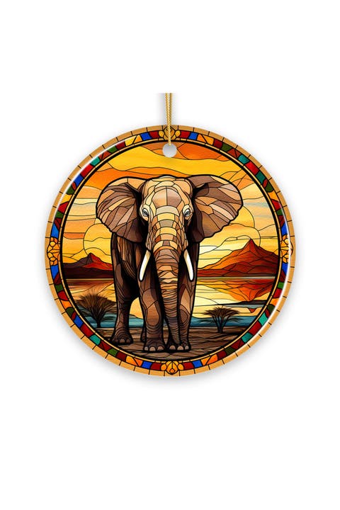 Safari Elephant Sunset Stained Glass Style Ornament