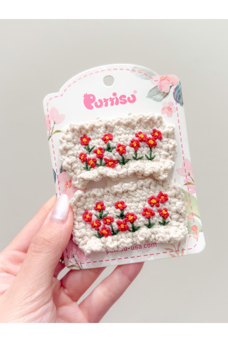 Hand-Crocheted Floral Hair Clip Set of 4, Alternate, color, Red & Cream