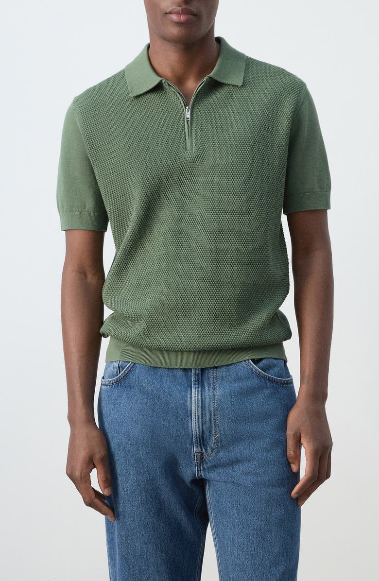 MANGO Solid Cotton Waffle Zip Polo Sweater, Main, color, Green