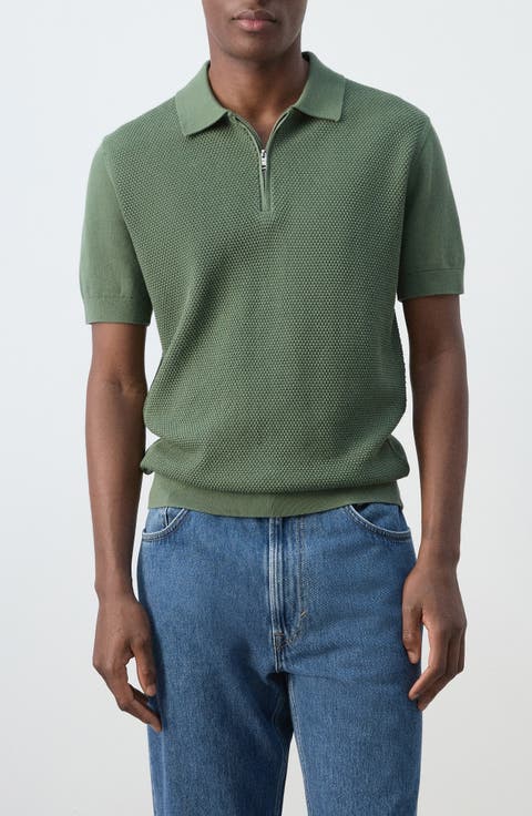 Solid Cotton Waffle Zip Polo Sweater