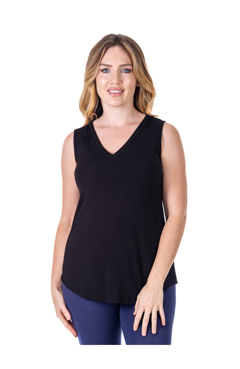 24seven Comfort Apparel Petites V-Neck Tunic Tank Top with Round Hemline, Main, color, Black