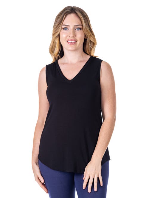 24seven Comfort Apparel Petites V-neck Tunic Tank Top With Round Hemline In Black