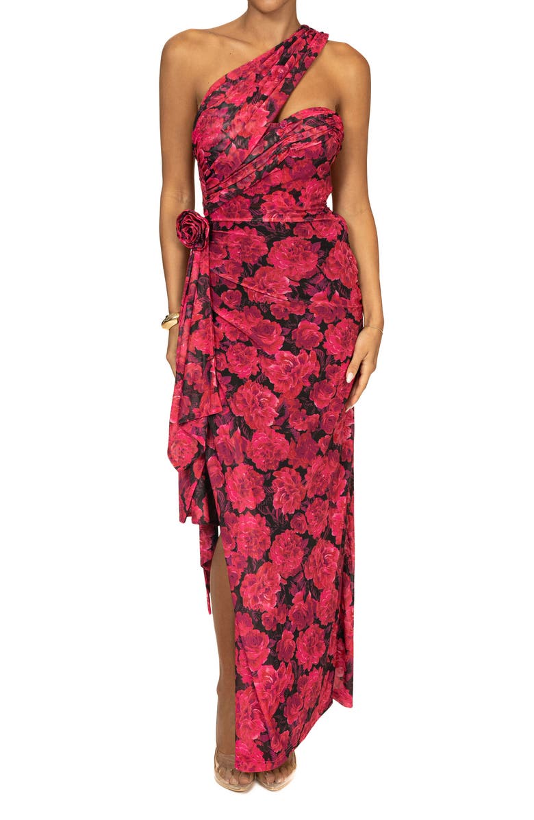 JLUXLABEL Villa Rosa One-Shoulder Stretch Mesh Dress, Main, color,