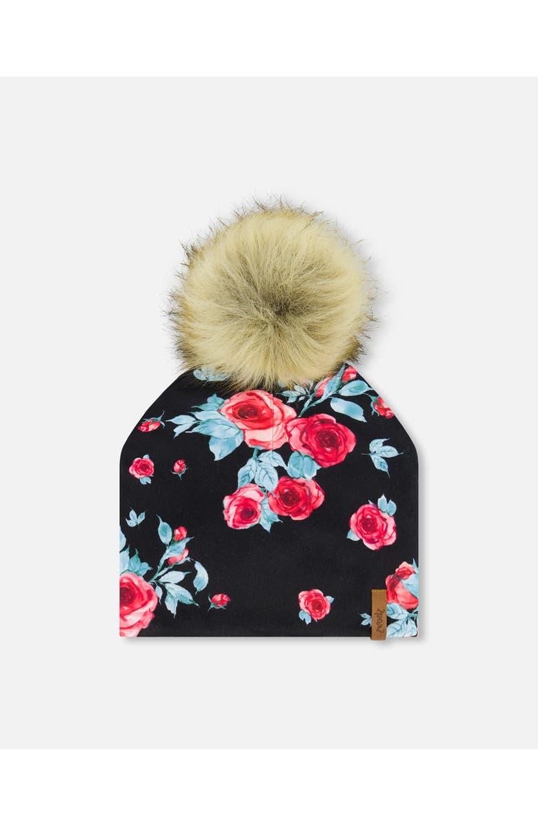Deux par Deux Baby Girl's Mid-Season Jersey Detachable Pompom Hat Black Printed Roses, Main, color,