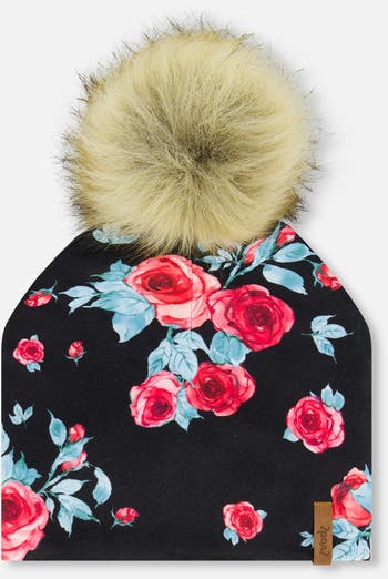 Jersey Detachable Pompom Hat Black Printed Roses