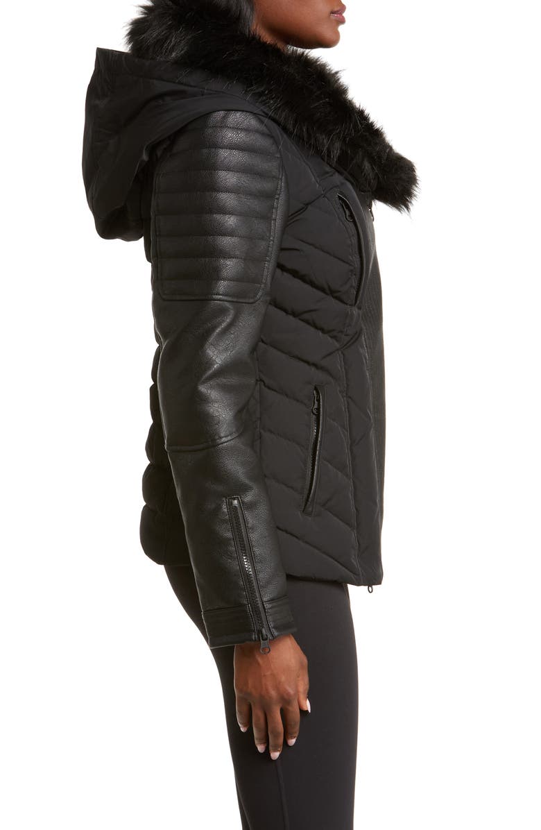 Blanc Noir Sophia Hooded Mixed Media Faux Leather Quilted Jacket with Removable Faux Fur Trim, Alternate, color, 