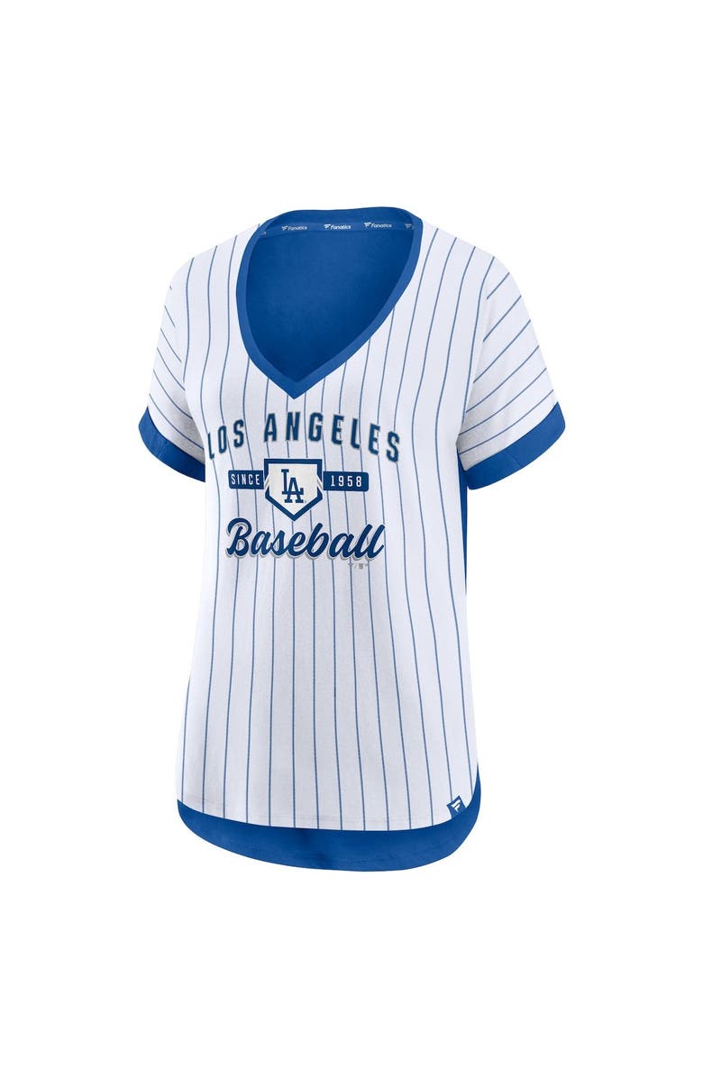 FANATICS Women's Fanatics Branded White/Royal Los Angeles Dodgers Iconic Noise Factor Pinstripe V-Neck T-Shirt, Alternate, color,