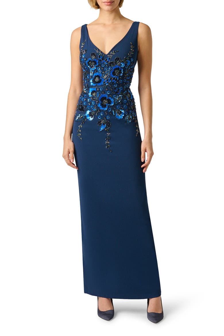 Beaded Crepe Column Gown, Main, color, LIGHT NAVY