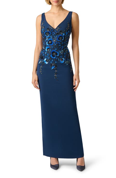 Beaded Crepe Column Gown
