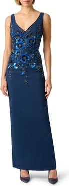 Adrianna Papell Beaded Crepe Column Gown