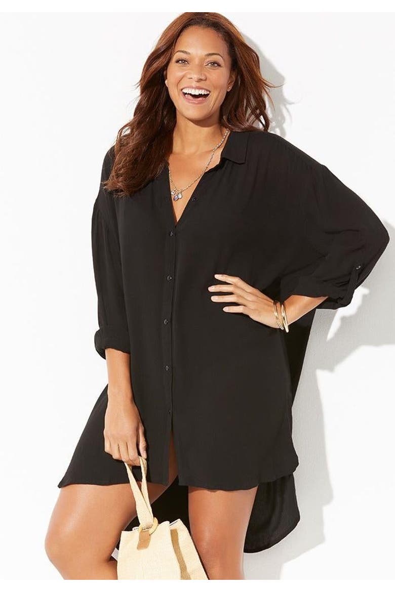 Shea High Low Button Front Cover Up Shirt, Alternate, color, Black