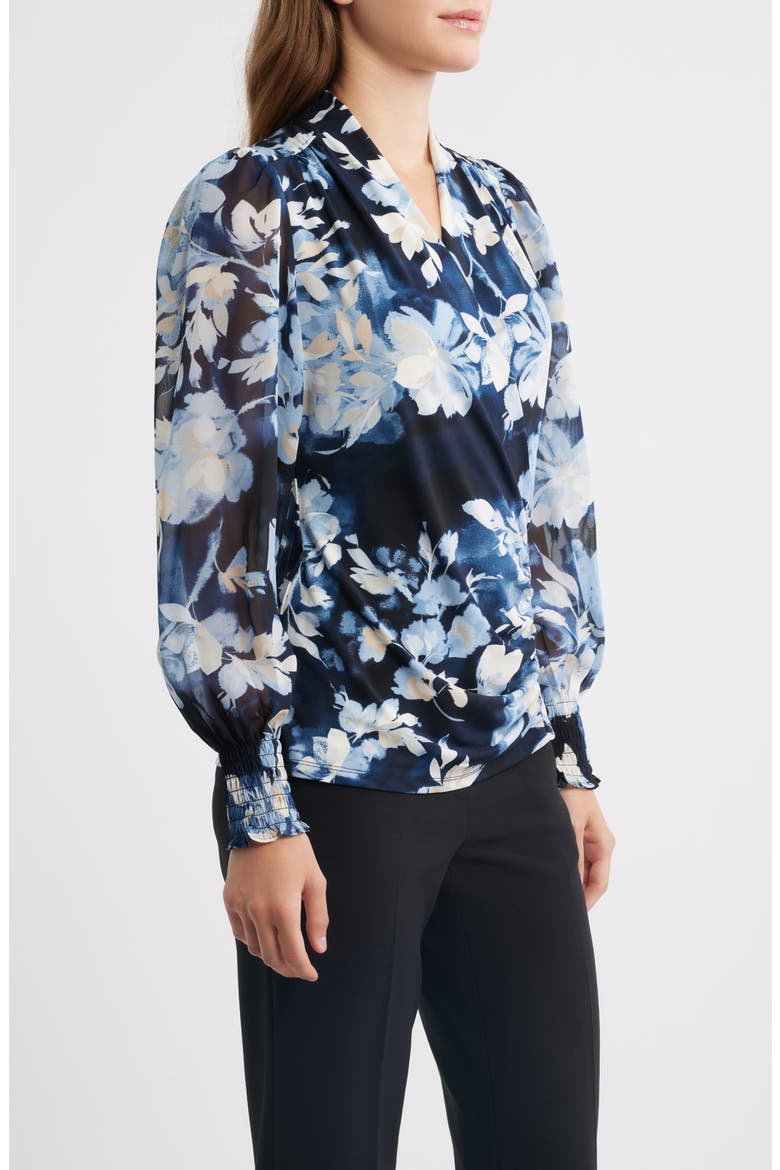 Floral Mix Media Faux Wrap Top, Alternate, color, DUTCH BLUE MULTI
