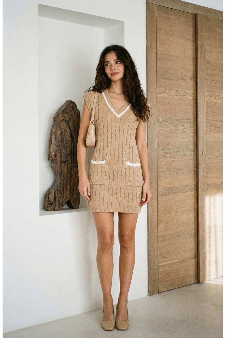 Cable-Knit Mini Sweater Dress with Pockets, Alternate, color, Beige