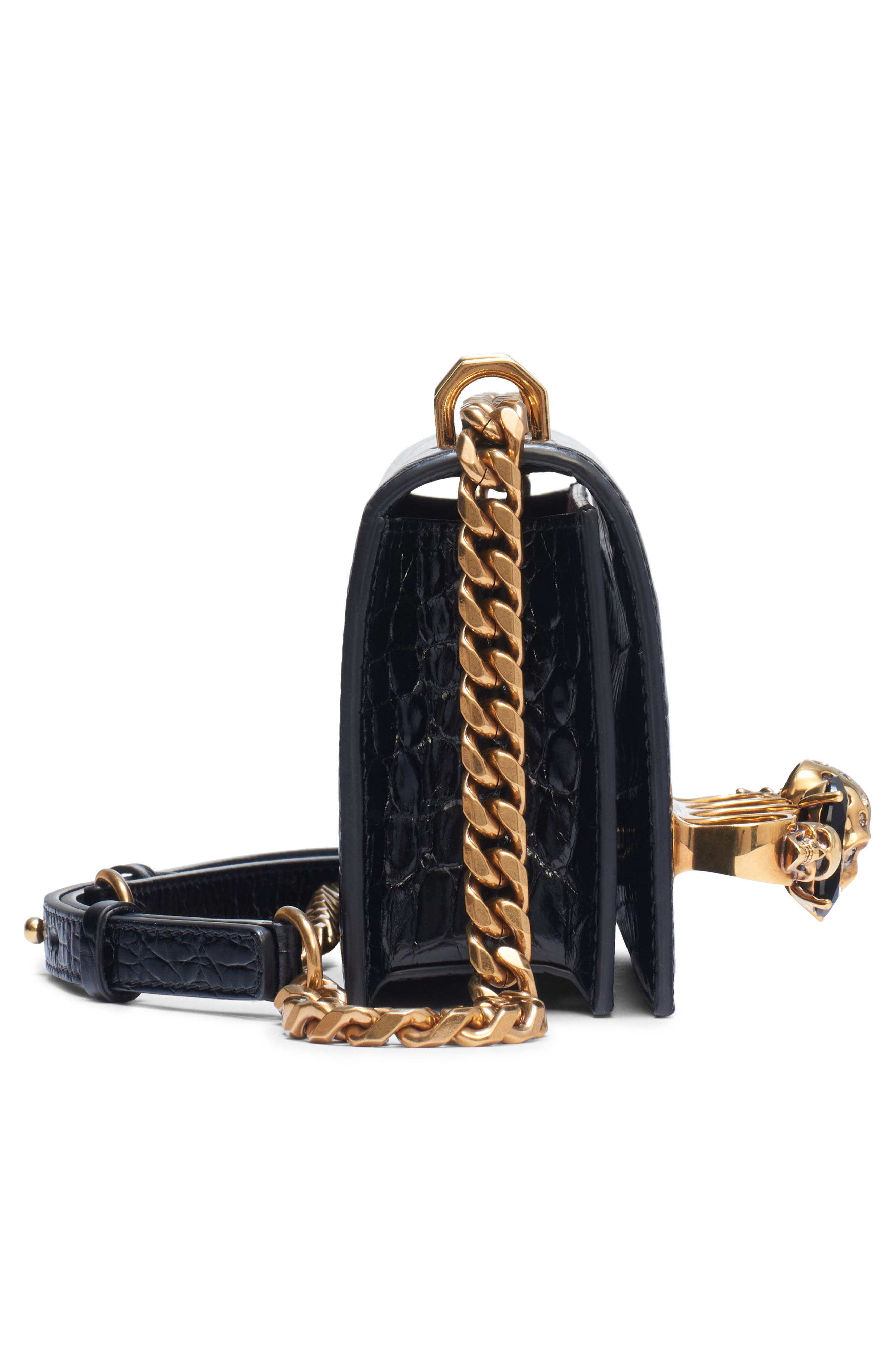 McQueen Alexander McQueen Jewelled Knuckle Croc Embossed Leather Crossbody Bag, Alternate, color, Black/ Gold