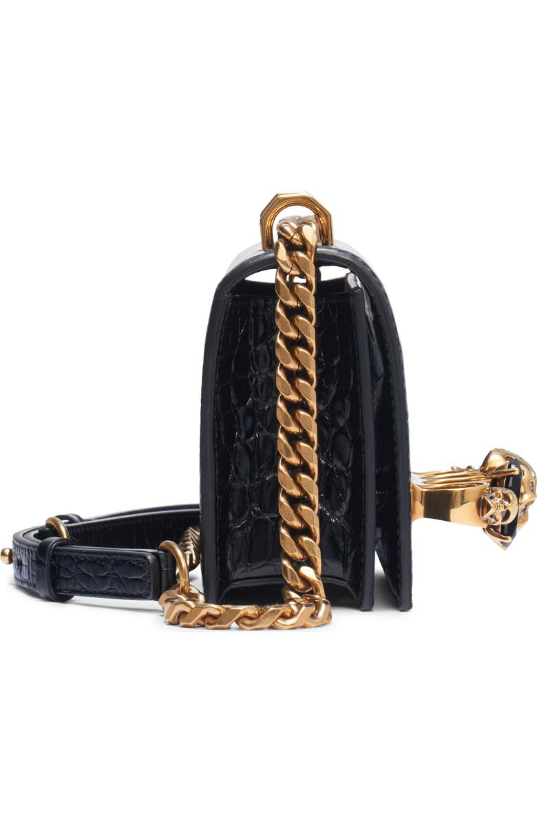 McQueen Alexander McQueen Jewelled Knuckle Croc Embossed Leather Crossbody Bag, Alternate, color, Black/ Gold