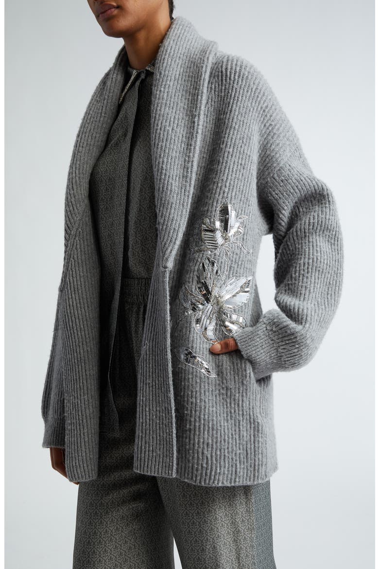 Embellished Virgin Wool Belted Cardigan, Alternate, color, GREY MELANGE