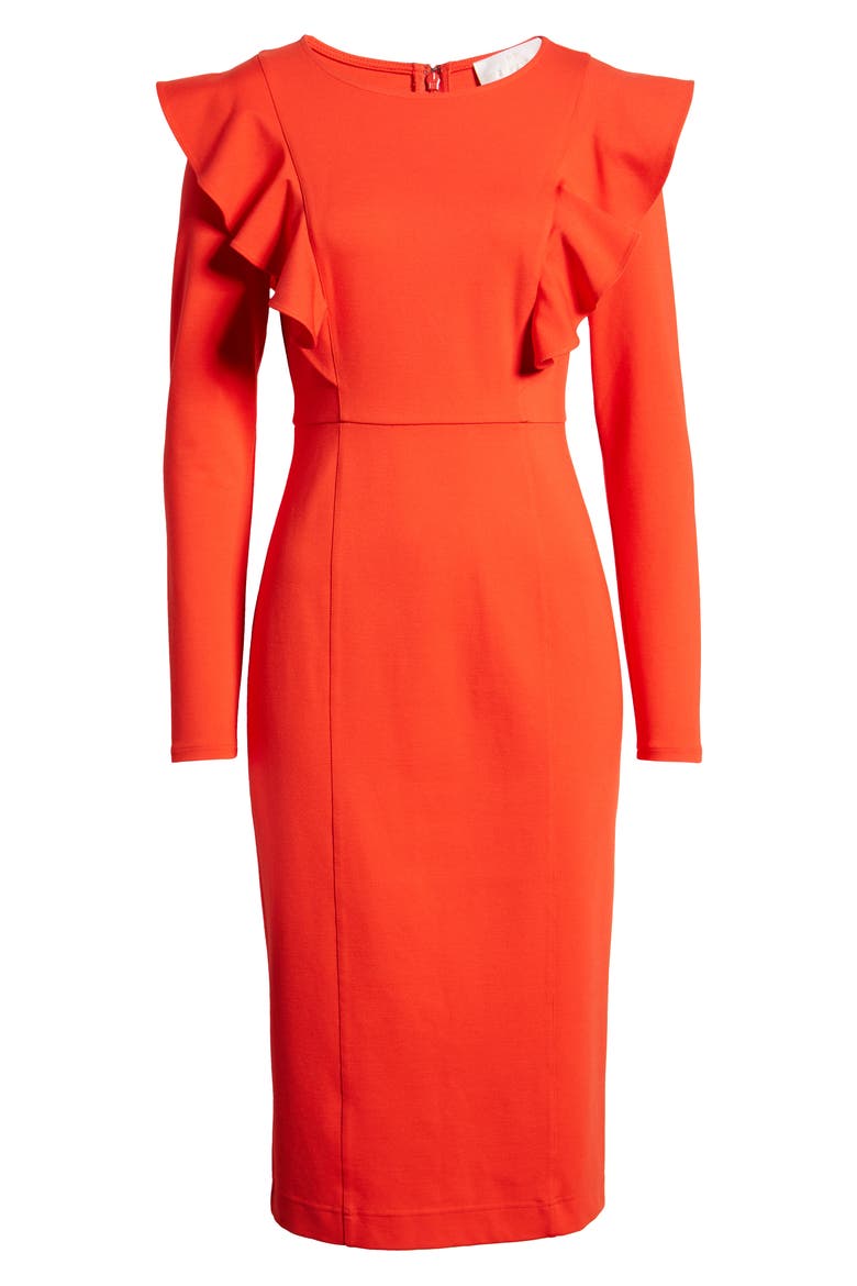 Ruffle Long Sleeve Ponte Dress, Alternate, color, RED SCARLET