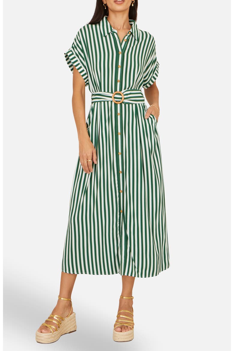 striped midi shirt dress In Perfect Order Blue Stripe Button Front Ruffle Collar Blue and white striped shirt dress midi length cotton fabric collared neckline short sleeves button down closure front pockets 100% cotton Womens Roman Blue Stripe Print