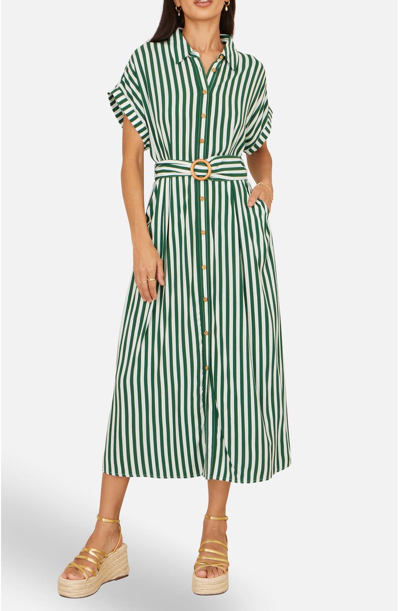 Yumi Stripe Print Belted Midi Shirt Dress, Alternate, color, Green