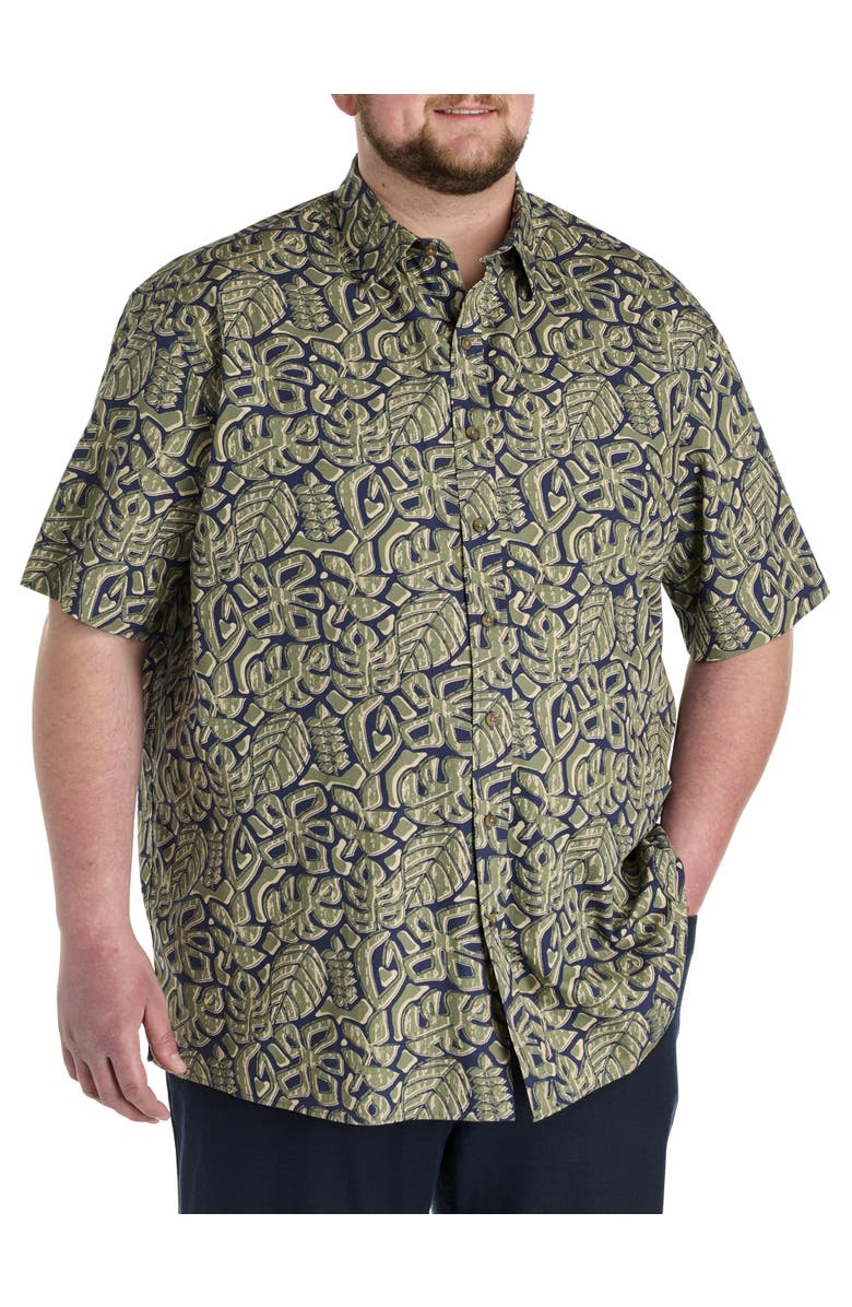 Oak Hill by DXL Big & Tall  Tribal Leaf Sport Shirt, Main, color, Navy Green