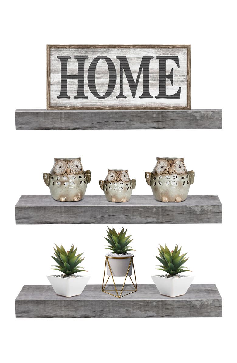 SORBUS Grey/Wood 3-Tier Wall Mount Floating Shelf, Alternate, color,