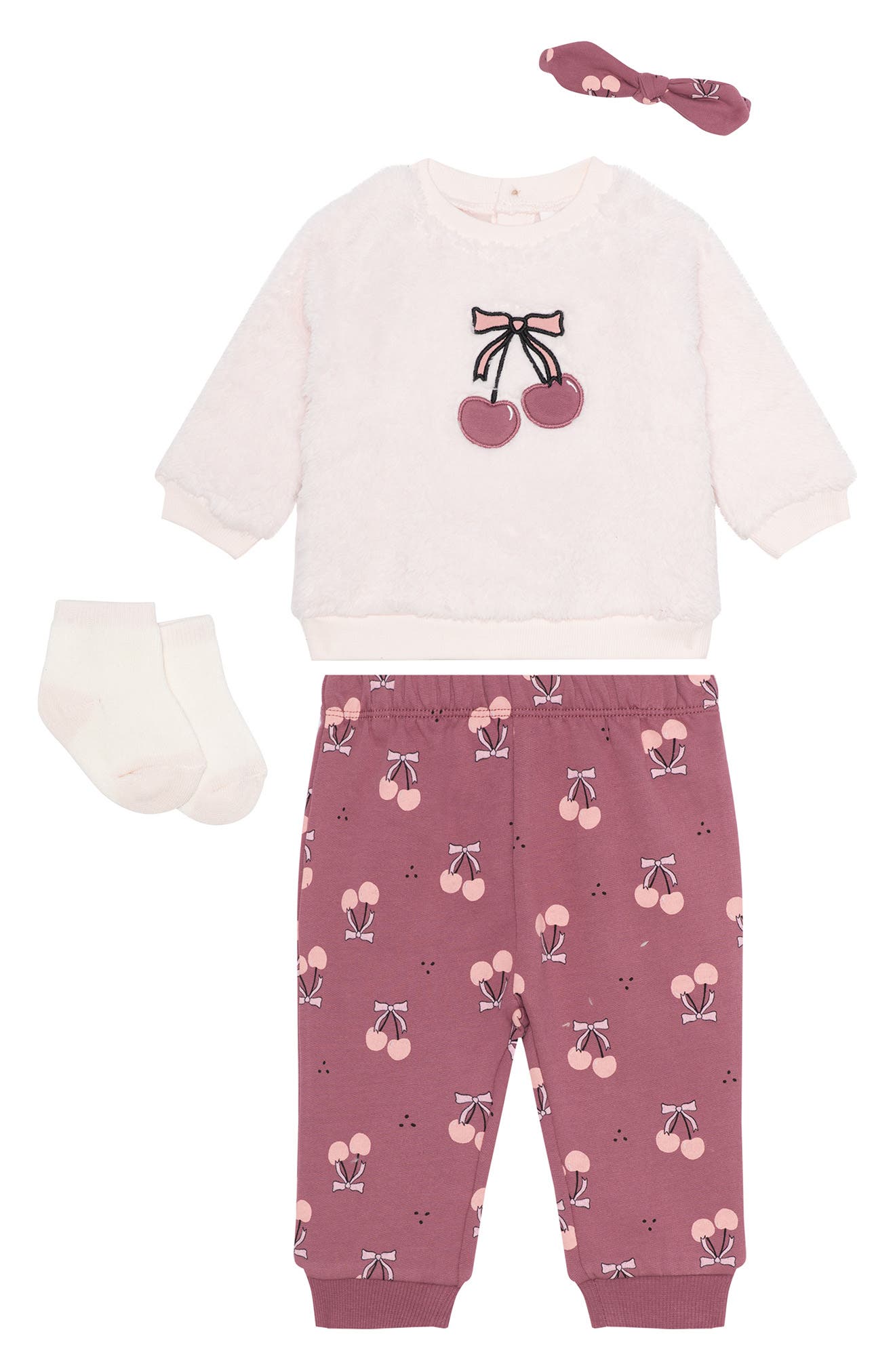 PL Baby by Petit Lem Fox Faux Fur Sweatshirt, Joggers, Socks & Headband Set