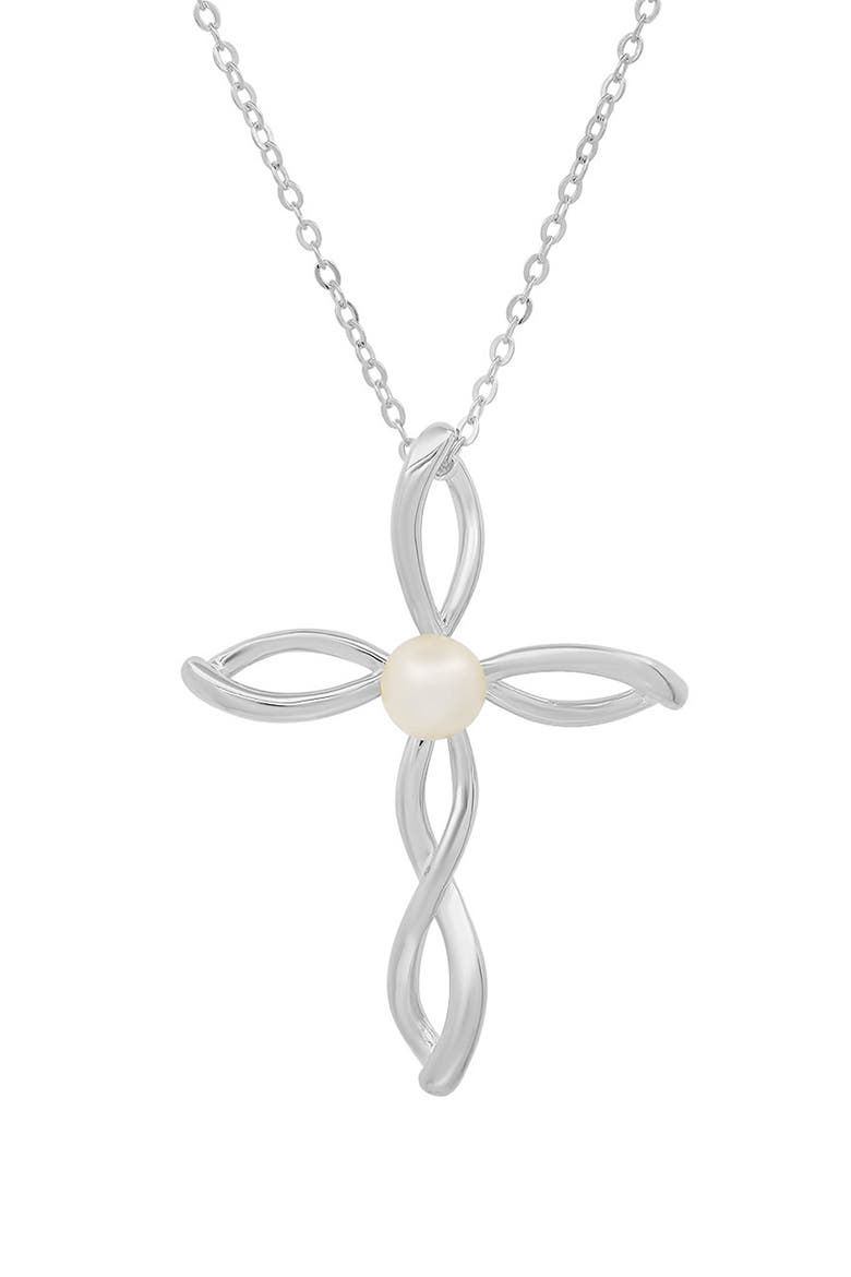 Sterling Silver Freshwater Pearl Cross Pendant Necklace, Main, color, SILVER