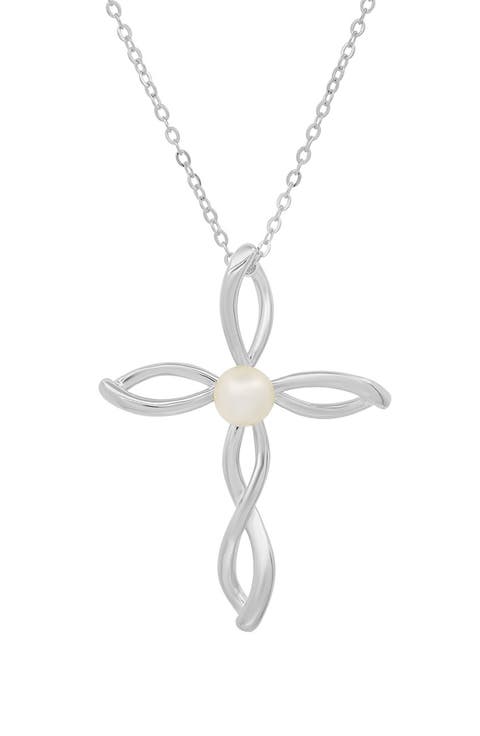 Sterling Silver Freshwater Pearl Cross Pendant Necklace
