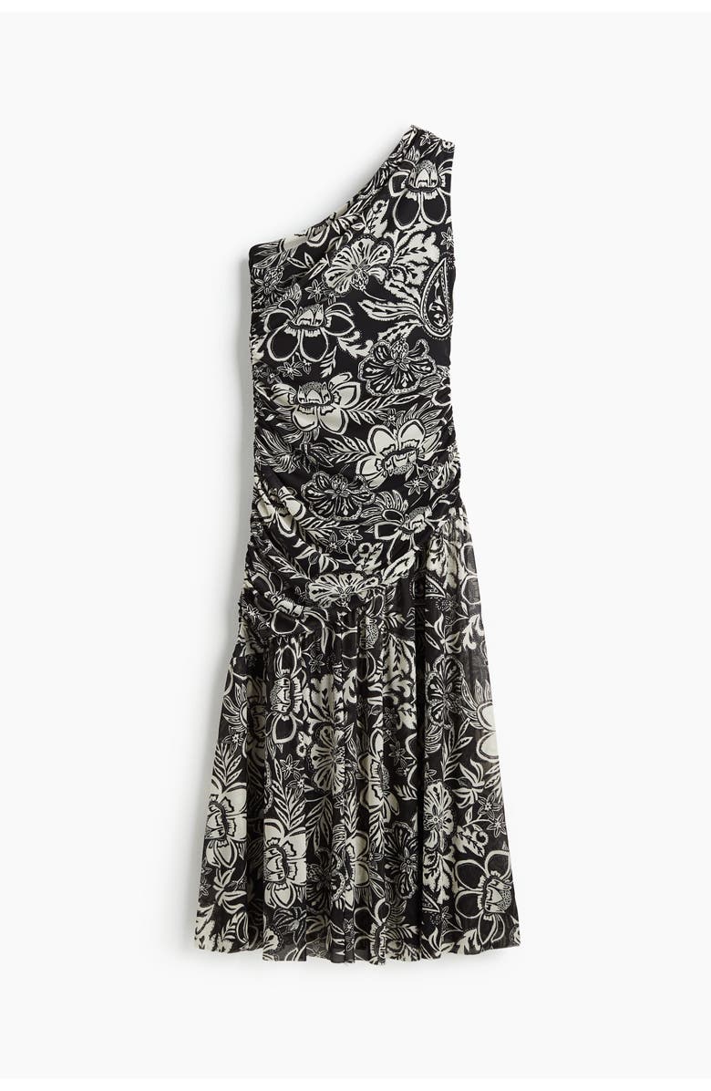 H&M Draped One-shoulder Dress, Main, color, Black/Floral