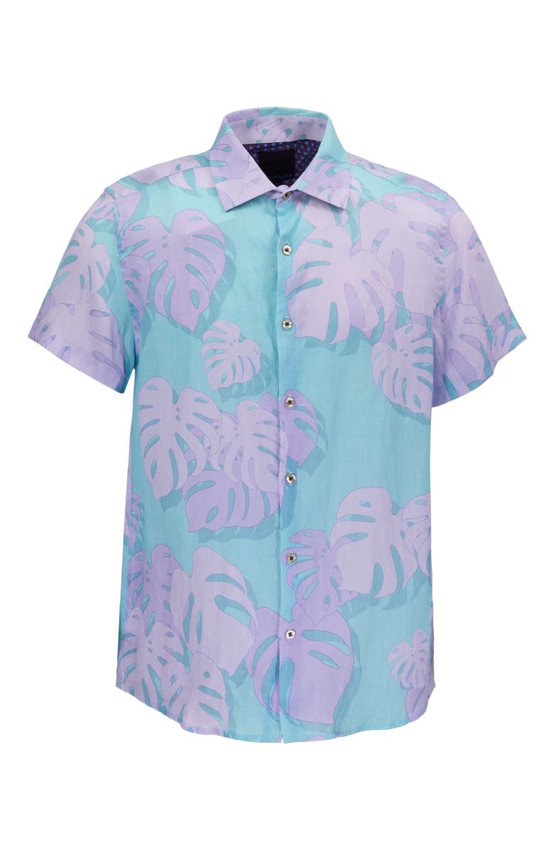 Lords of Harlech Monstera Floral Mens Linen Button-up Shirt, Alternate, color, Monstera Floral Teal