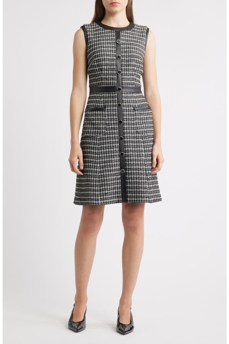 Contrast Trim Sleeveless Tweed Dress, Main, color, BLACK IVORY