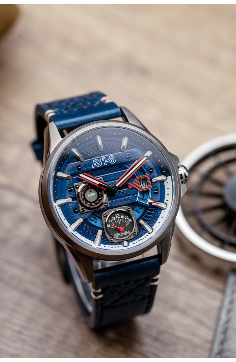 AVI-8 Hawker Harrier Farley Leather Strap Watch, 44mm, Alternate, color, Blue