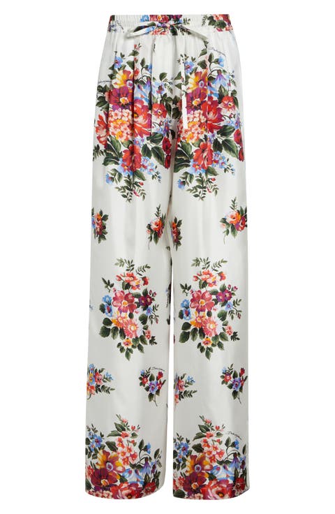 Floral Bouquet Print Silk Twill Drawstring Pants