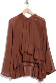 Avec Les Filles Mixed Print Tie Neck Long Sleeve Top