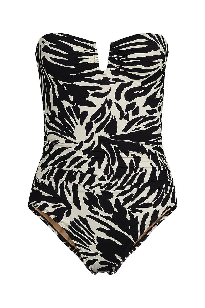 Slender Suit Tummy Control U-Wire Bandeau One Piece Swimsuit, Alternate, color, Black/Egret White Leaf Scroll