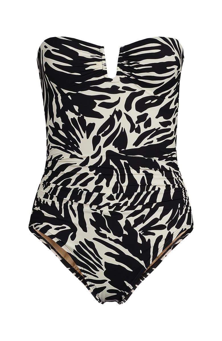 Lands' End Slender Suit Tummy Control U-Wire Bandeau One Piece Swimsuit, Alternate, color, Black/Egret White Leaf Scroll