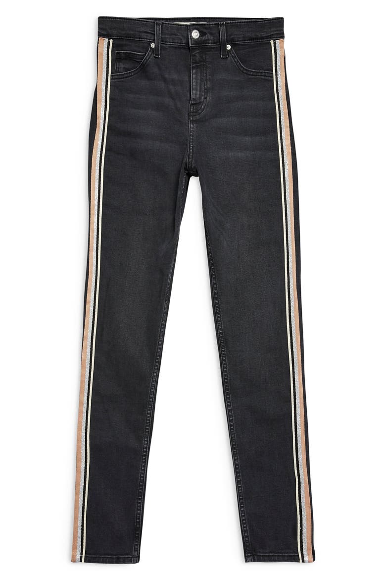 MOTO Stripe Skinny Jeans, Alternate, color, WASHED BLACK