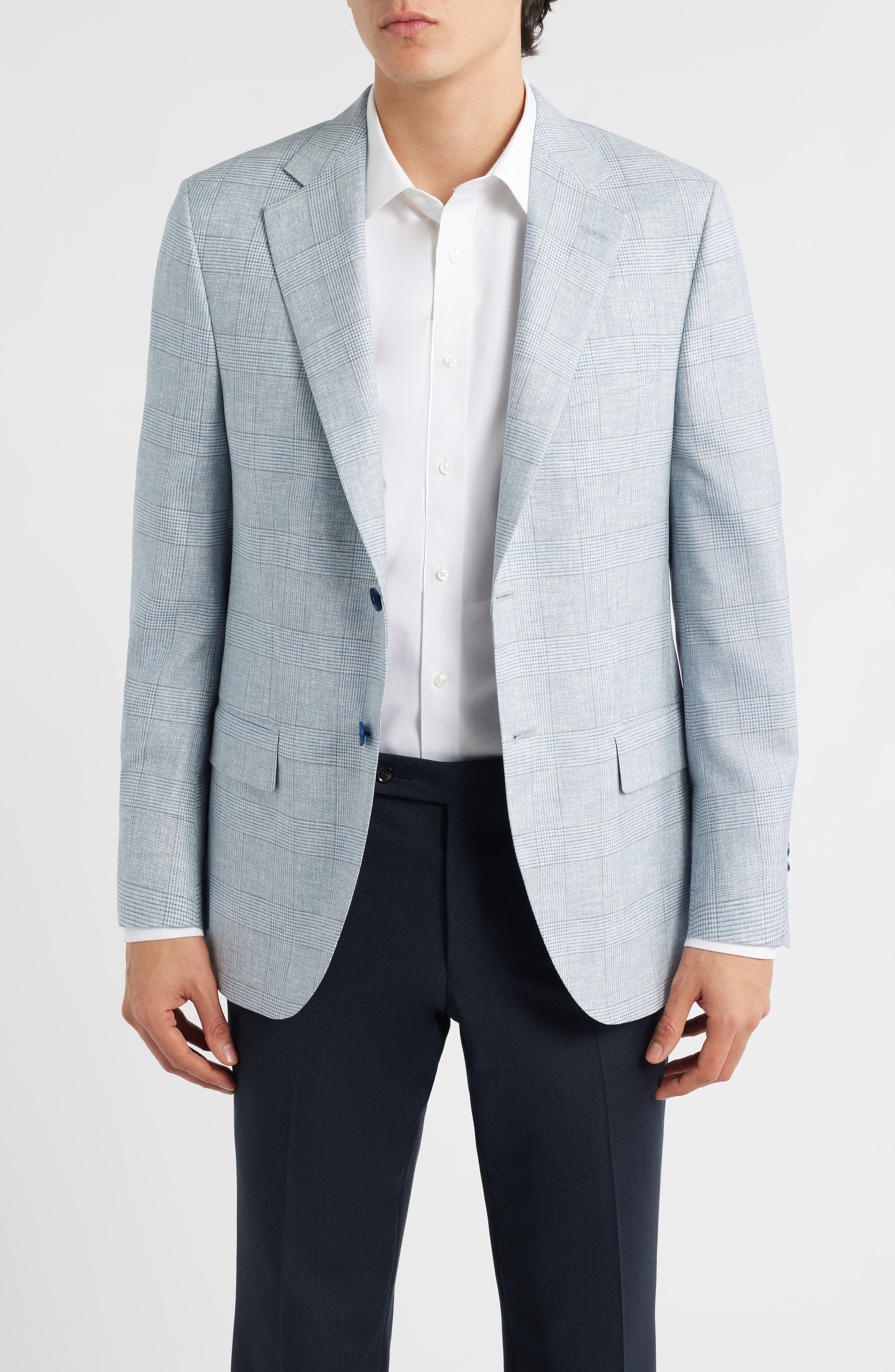 Hartford Classic Fit Light Blue Glen Check Wool Sport Coat