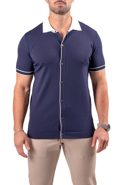 Tipped Knit Short Sleeve Button-Up Shirt