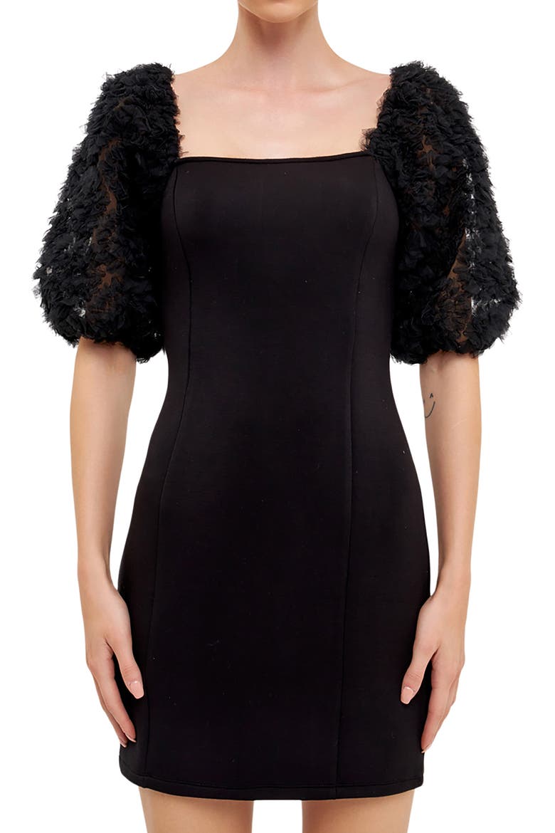 Tulle Puff Sleeve Minidress, Alternate, color, BLACK