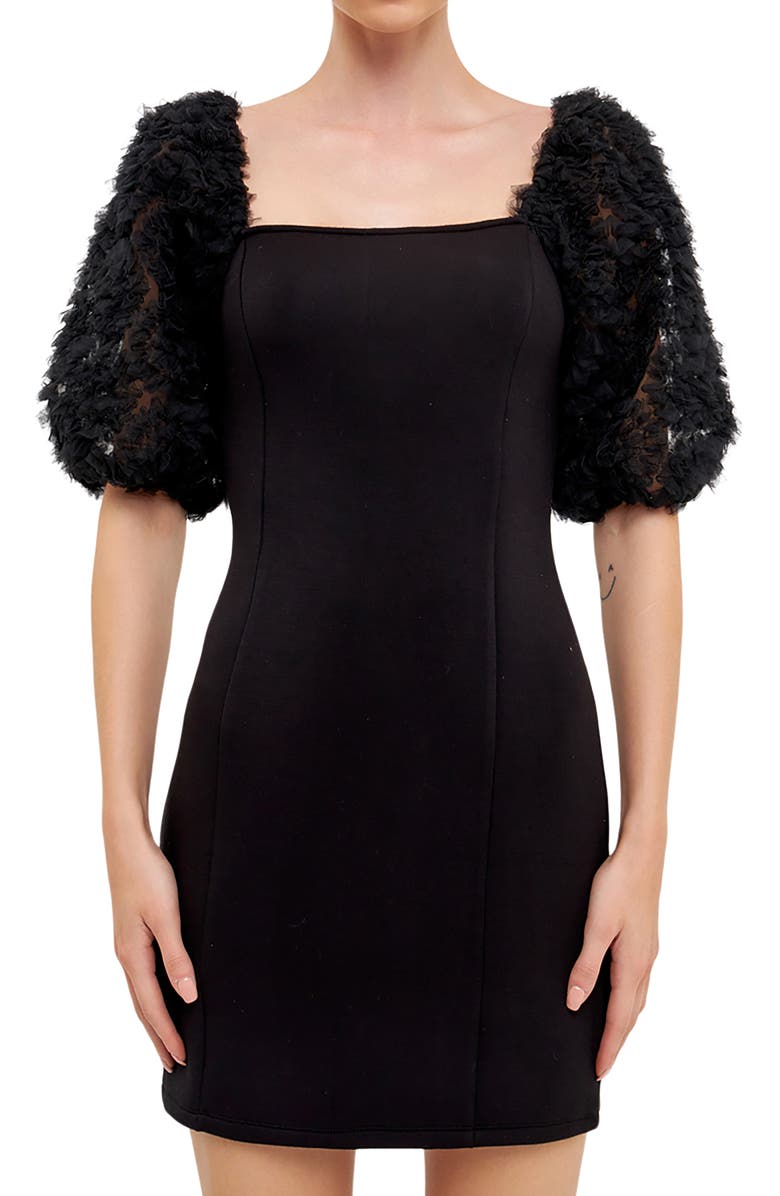 Endless Rose Tulle Puff Sleeve Minidress, Alternate, color, Black