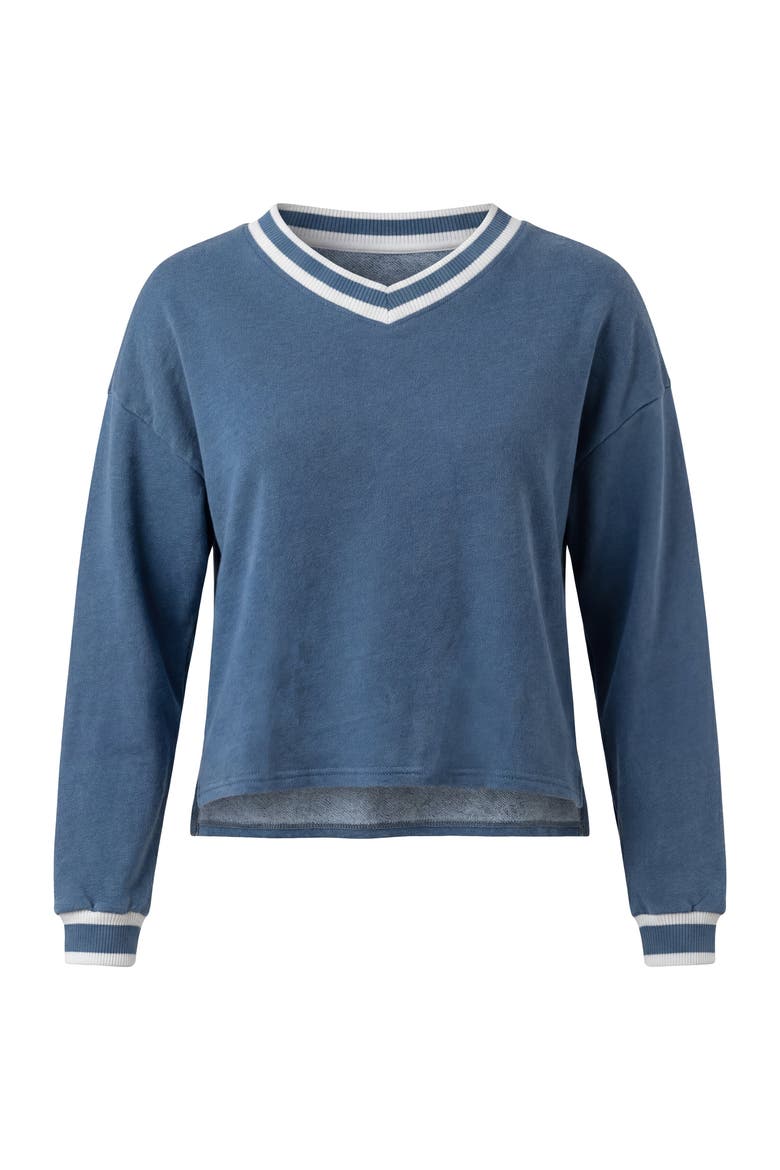 Denim French Terry V-Neck Striped Rib Crop Top, Main, color, Denim